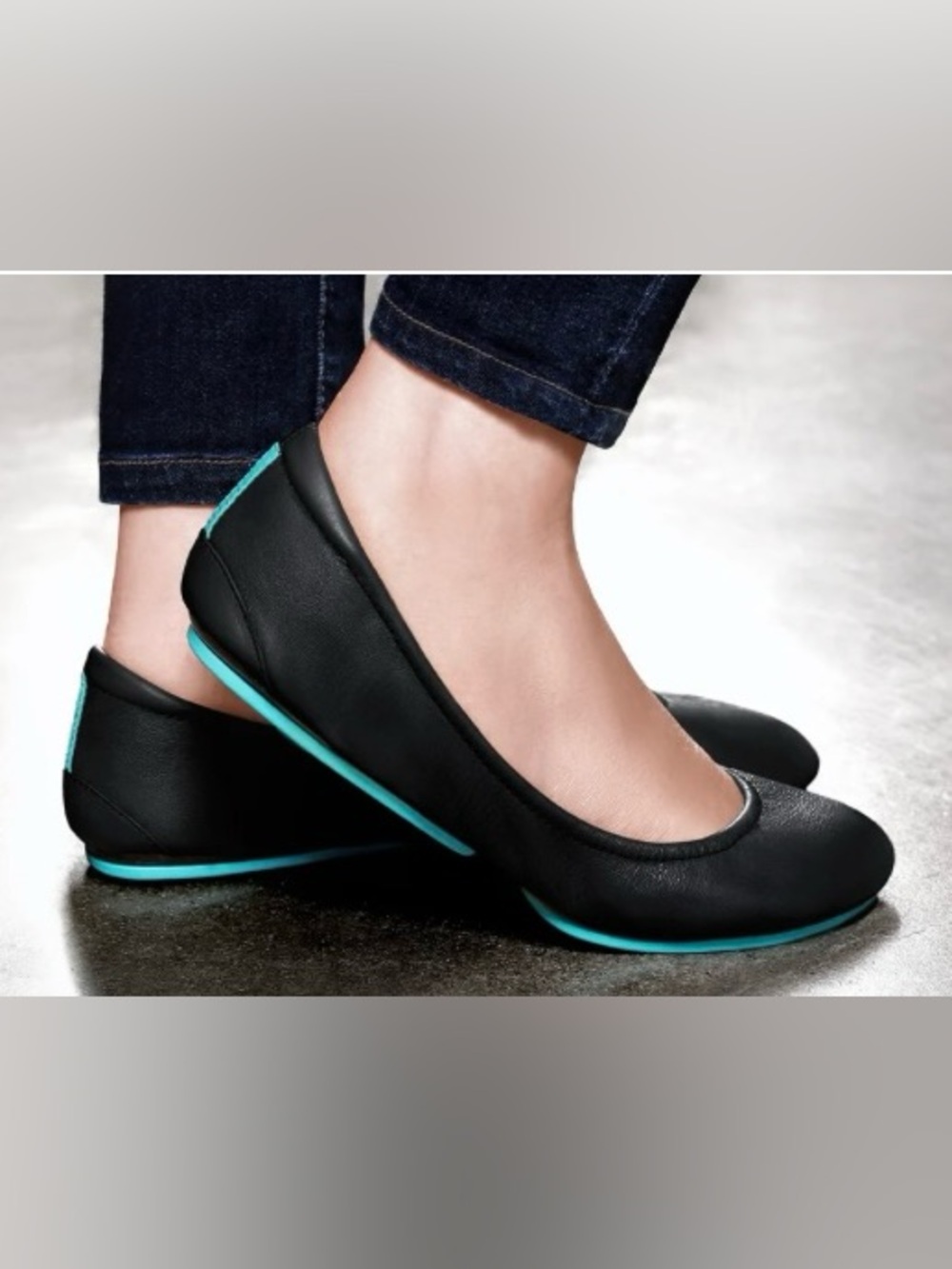 Tieks Black Leather Flats with Teal Heel Tab